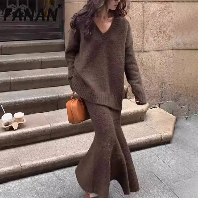 

FANAN модный вязаный комплект из 2 предметов, женский пуловер с v-образным вырезом и длинными рукавами + эластичные юбки трапециевидной формы, осень 2023, новые костюмы