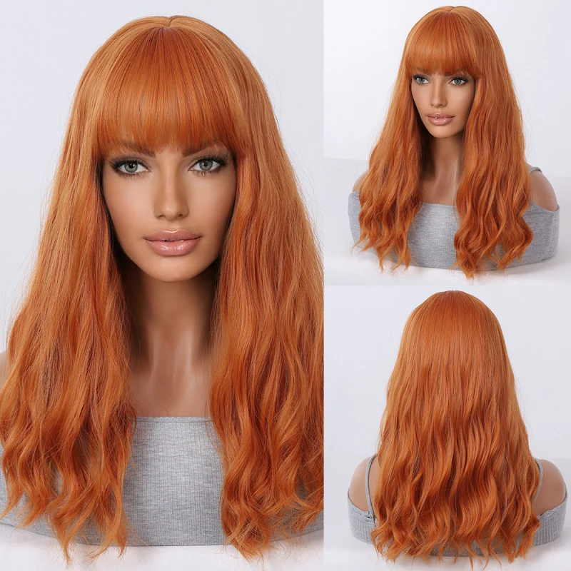 

European and American orange-red for women, daily use, with bangs, ocean wave pattern, long curly full head wig