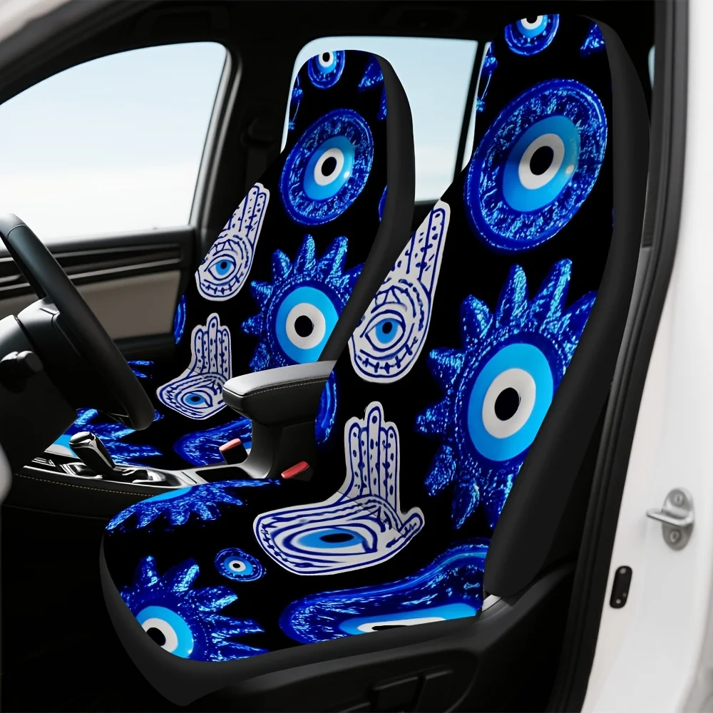 2pcs, Evil Eye Hamsa Symbol Print Canvas Car Seat Cover Set For Fit, Stylish Vehicle Seat For Men And Women, Soft, Washable, Ea