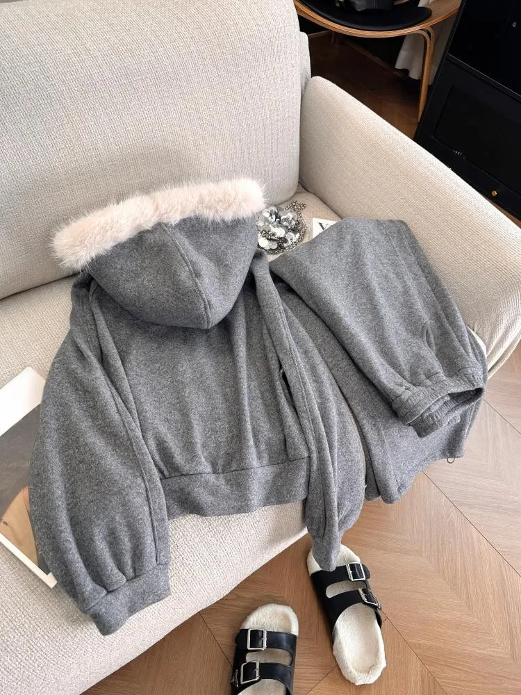 Winter Elegant Women Fur Collar Slim Zipper Solid Color Pantsuits Fashion Two Piece Hoodie Sportswear Set Simple Female Casual