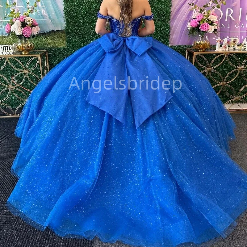 Angelsbride Royal Blue Ball Gown Quinceanera Dresses Vestidos De 15 Quinceañera Beading Bow Glitter Tulle Princess Party Dress