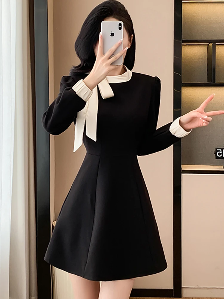 Herfst Winter Zwarte Lange Mouw Chique Boog Kraag Mini Jurk Vrouwen Elegant Casual A-lijn Jurk 2025, Koreaanse Bodycon Festival Jurken