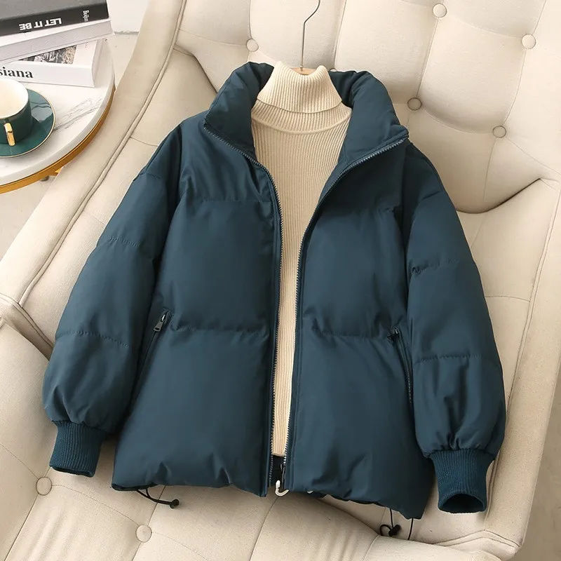 Women's Korean Style Thick Stand Collar Loose Fit Padded Jacket Winter Coat Female Long Sleeve Solid Color Zipper Closure