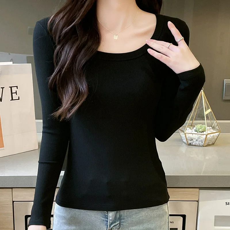 Spring Autumn Women's Pullover Round Neck Solid Long Sleeve Vacation T-shirt Undershirt Office Lady Fashion Skinny Casual Tops