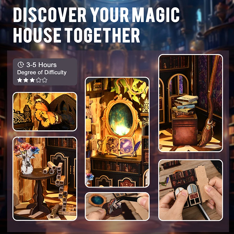 Magic Book Wooden Puzzle Kit-DIY 3D Miniature House & Bookshelf Decor Can Light up 50 Pieces Beginner-Friendly Toy for Kids