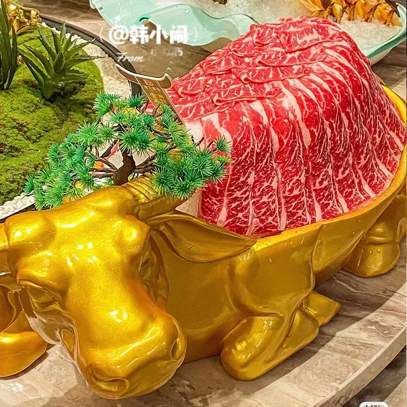 Creative Golden Cow Shaped Plate for Hot Pot Restaurant Beef Theme Tableware Unique Snowflake Fat Meat Serving Dish BBQ Decor
