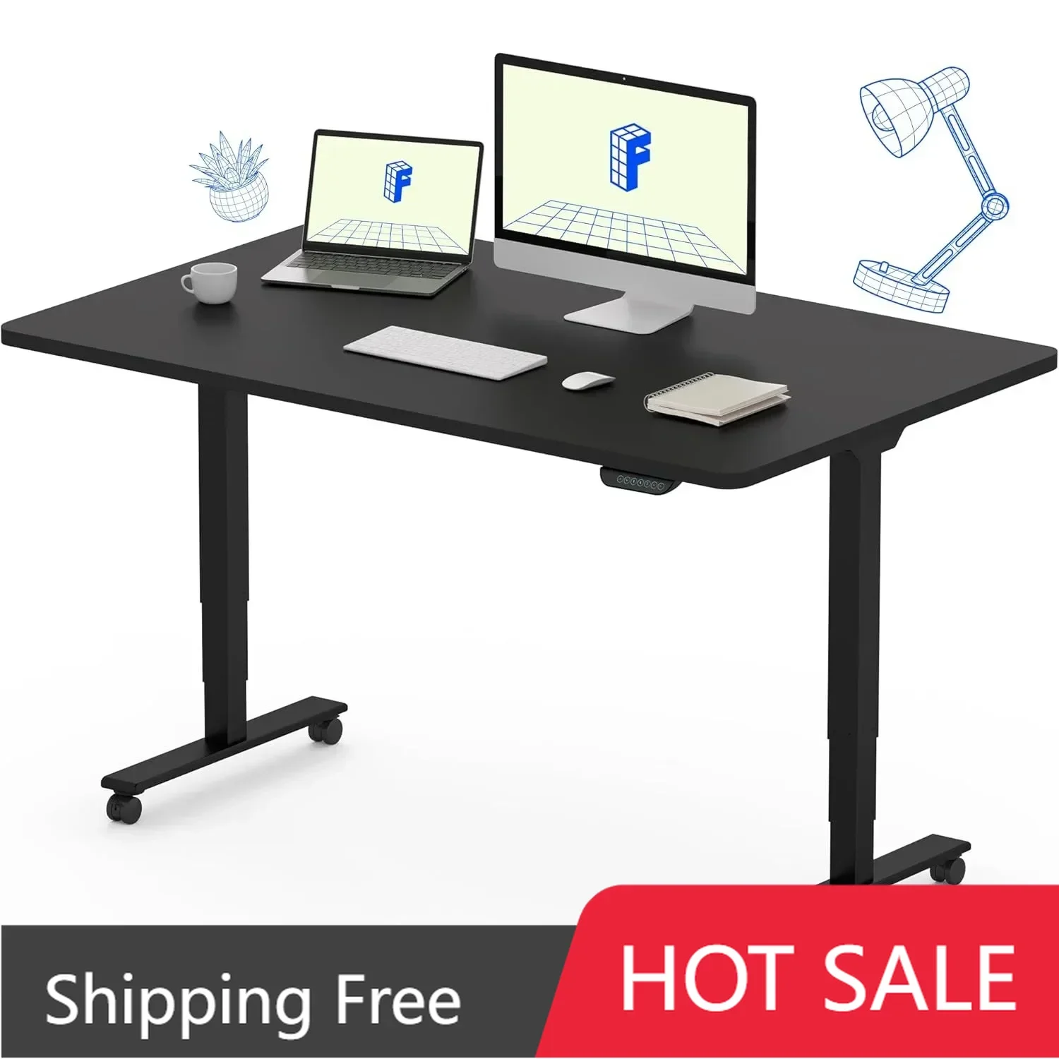 E6 Dual Motor 3 Stages Standing Desk 48x30 Inch Whole-Piece Board Electric Height Adjustable Desk Stand Up Large Load Capacity