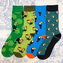 Drop Ship Crew Fashion Cotton Funny Striped Cartoon Bird Socks Toco Toucan Parakeet Macaw Green Jungle Monstera Unisex Cute SOX