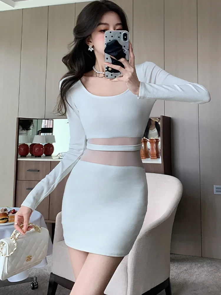 White Patchwork Mesh Sheer Sexy Mini Dress Women Autumn Elegant Bodycon Hip Wrap Dress 2024 Korean Fashion Chic Festival Dresses