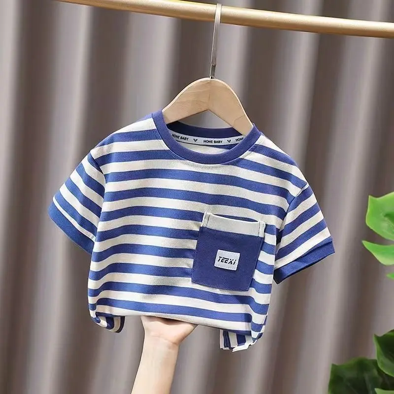 

2024 Summer New Boys Pullovers Crew Neck Printed Striped Spliced Pockets Short Sleeve All-match Trendy Casual T-shirt Tops