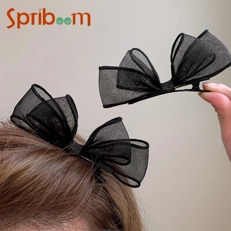 

Mesh Bow Hairpin Women Black Bangs Clip Fashion Girls Bows Hair Accessories Sweet Headdress Woman Hair Pins 2Pcs/lot