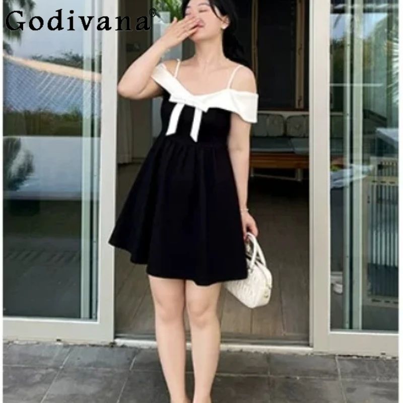 

Large Size 2026 Summer New Elegant Women Slash Neck Black Suspender Dress Sexy A-line High Waist Banquet Sleeveless Dresses