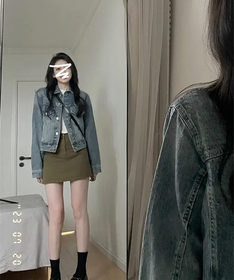 

Джинсовое пальто с отверстиями, женские осенние уютные шерстяные куртки на пуговицах с аппликацией для отдыха в стиле пэчворк, облегающие темпераментные приталенные куртки с зубцами Ins