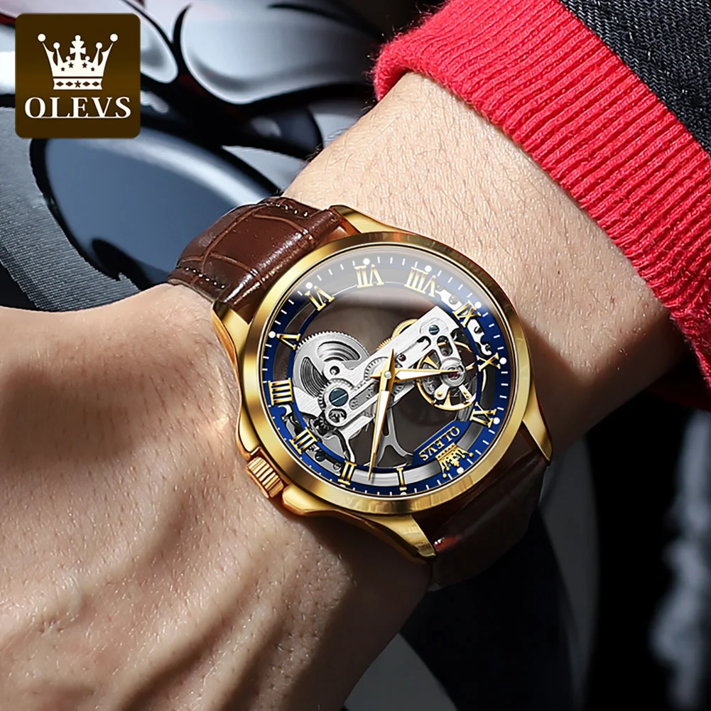 OLEVS Luxury Men\'s Watches Original Waterproof Fully Automatic Mechanical Watch Brand Transparent Dial Luminous Leather Strap