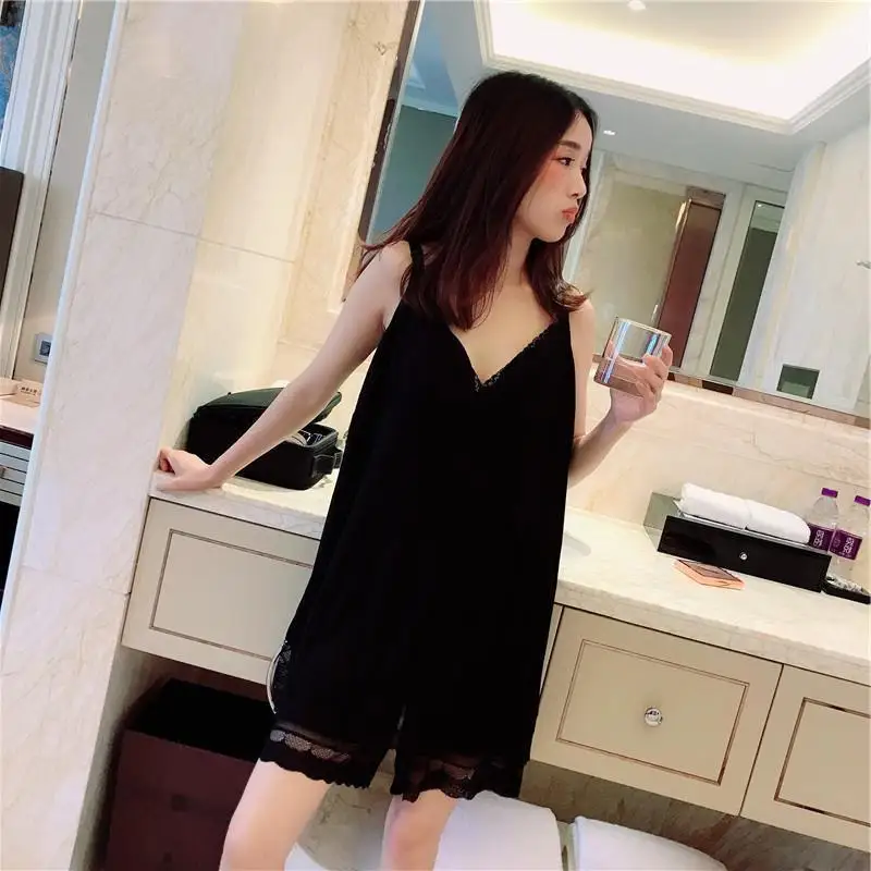 

plus Size Sexy Lace Trim Tank Top And Short Pants Two Piece Set Women's Summer Thin Cotton Sleepwear V-neck High-waisted Loos...