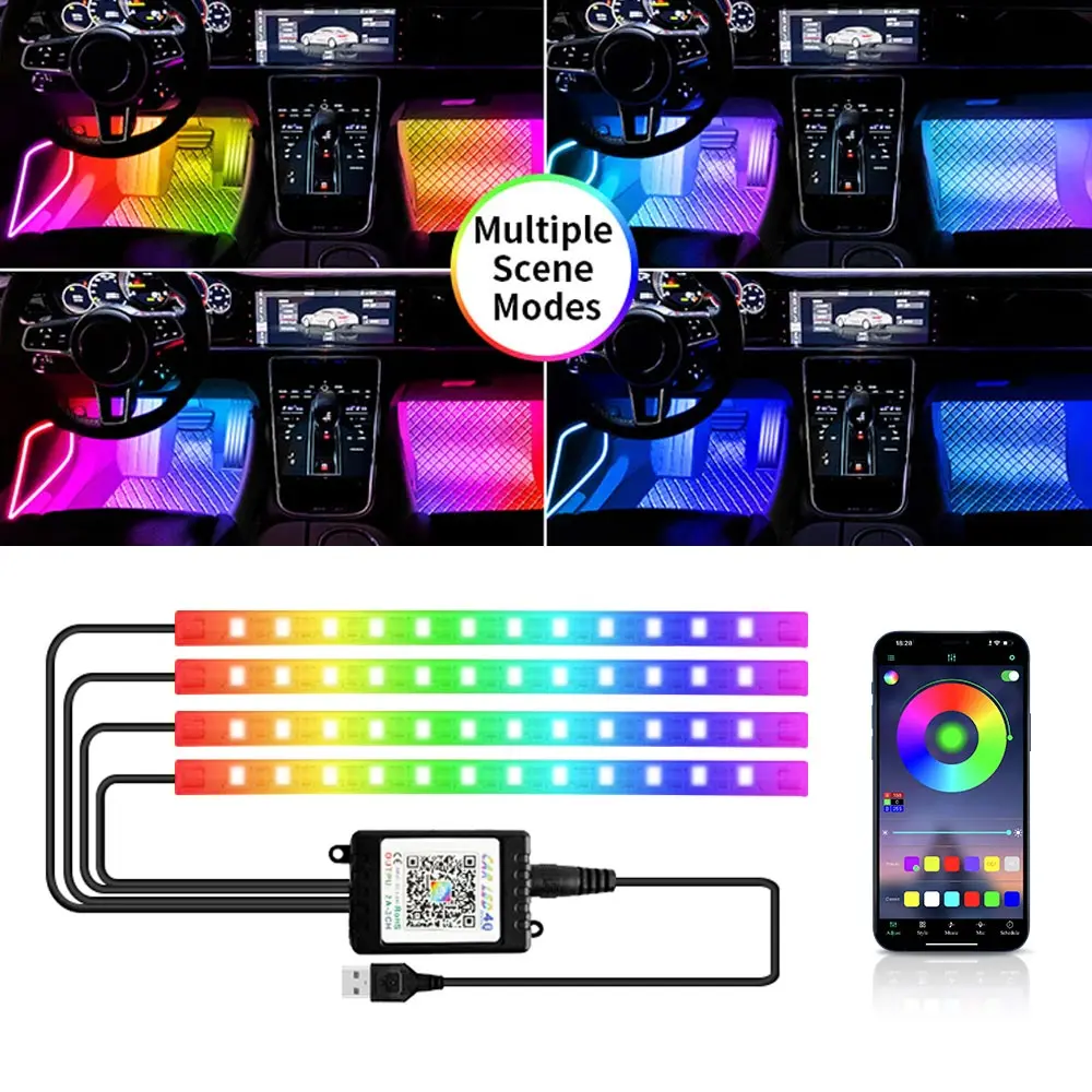 Car Led Foot Ambient With USB Cigarette Lighter Backlight Music Control App RGB Auto Interior Decorative Atmosphere Lights