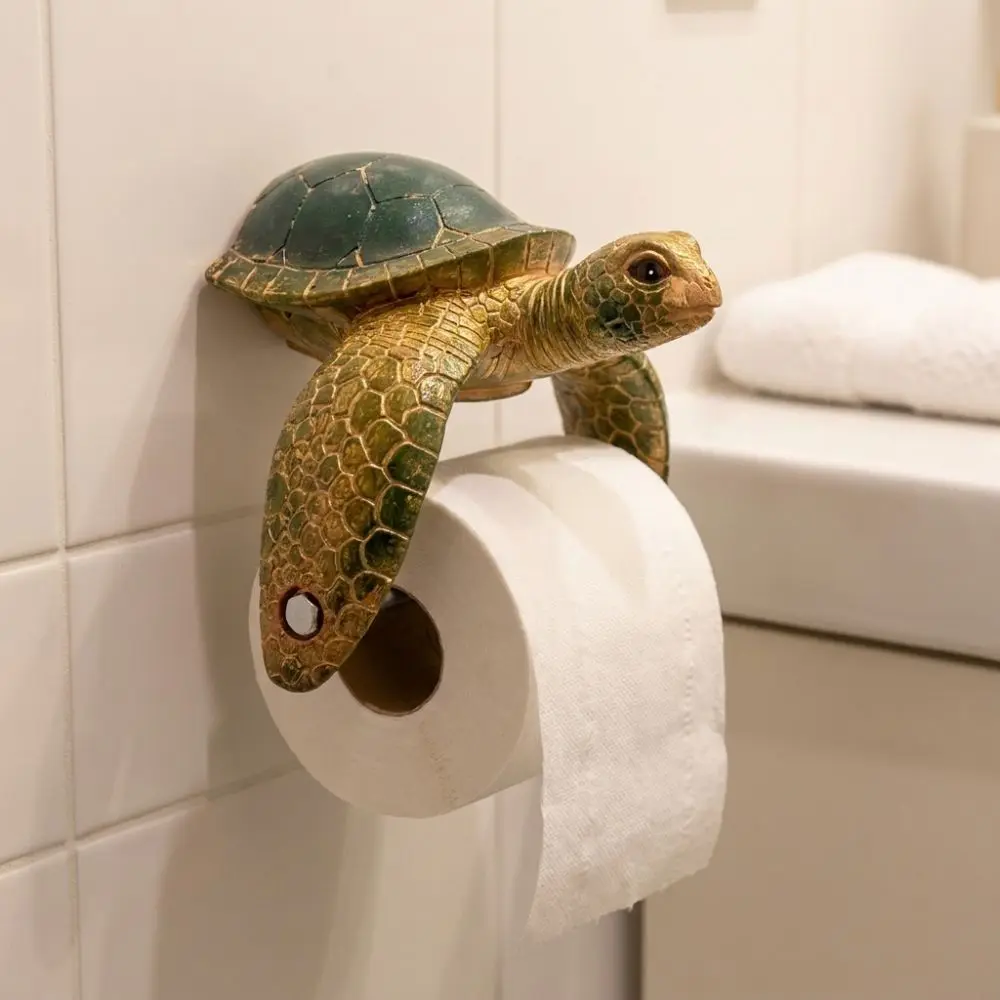 Resin Sea Turtle Toilet Paper Holder Cute Beach Themed Bathroom Tissue Holder Realistic Coastal Style Napkin Storage Figurine