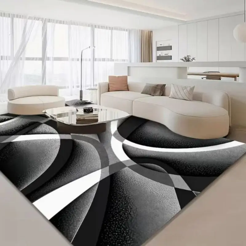 VIKAMA 3D Abstrakter Kurven-Teppich Schwarz-Weiß Farbverlauf Geometrischer Rutschfester Bodenteppich Moderner Minimalistischer Wohnzimmer-Dekor Teppich
