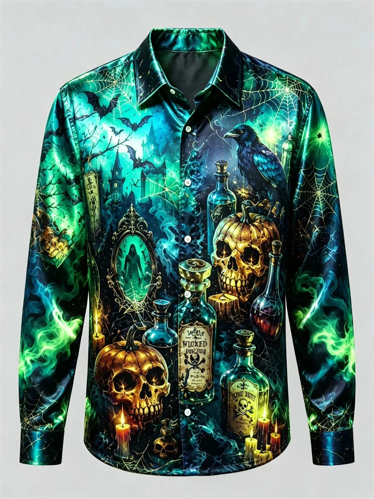 Men's Long-Sleeve Halloween Shirt Featuring Skull Raven Pumpkin and Magic Potion Prints Collared Button-Down Festive Party Top