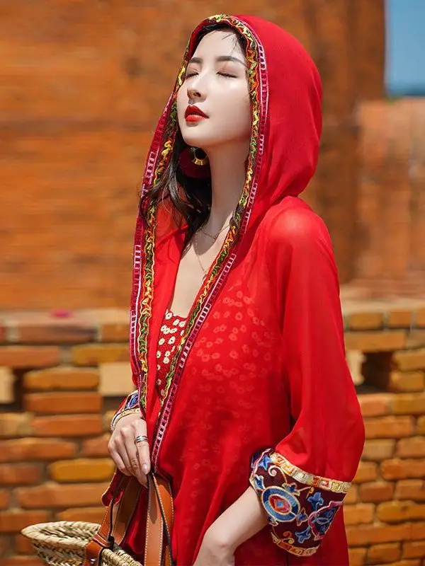 

Женский длинный кардиган Beach Vaion Ethnic Sle с капюшоном для защиты от солнца, для путешествий и фотосессий, в стиле Fairy T