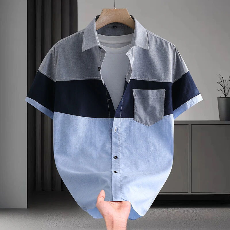 Men Summer New Denim Short Sleeve Shirt Lapel Button Down Pocket Hem Loose Lightweight Casual Streetwear Top Breathable Simple