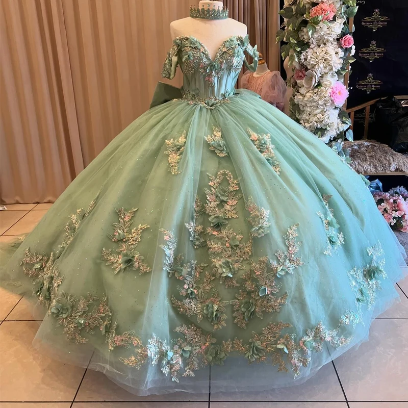 

Mint Green Shiny Quinceanera Dresses Off The Shoulder Applique Flower Beads Bow Tull Party Birthday Ball Gown Sweet 16 Dress Ves