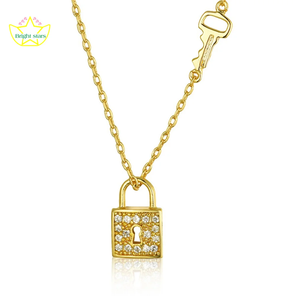 

Bright Stars 925 sterling silver elegant lockkey jewelry necklace Zircon Gold lock plate design necklace women