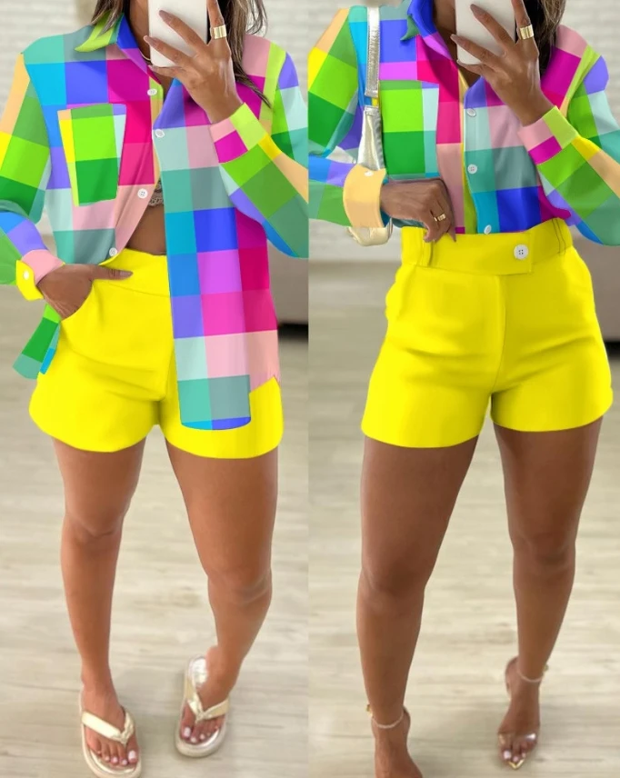 Two Piece Set for Women 2024 Spring Summer Turn-Down Collar Long Sleeve Colorblock Geometric Print Buttoned Top & Shorts Set