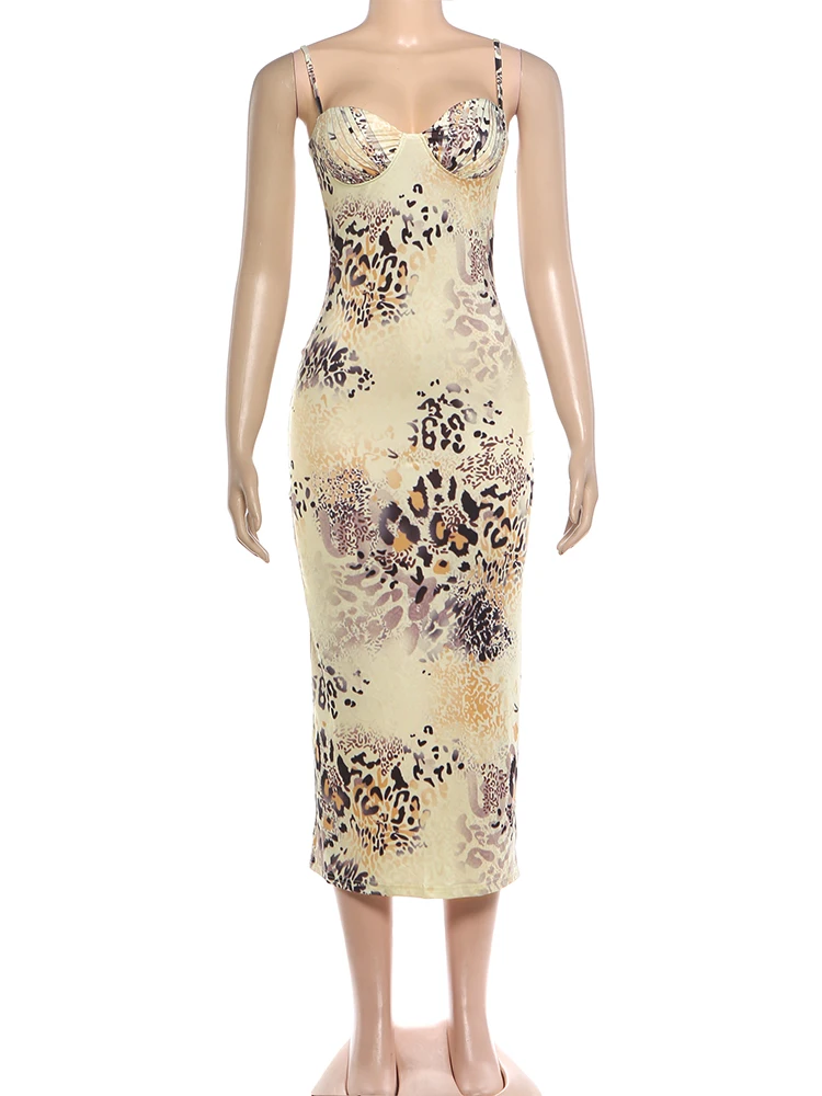 Werid Puss Sexy Sling-Kleid für Damen, Leopardenmuster, tiefer Ausschnitt, rückenfrei, tailliert, Hot Girls High Street Style, klassisches langes Bodycon-Kleid – Detail 3