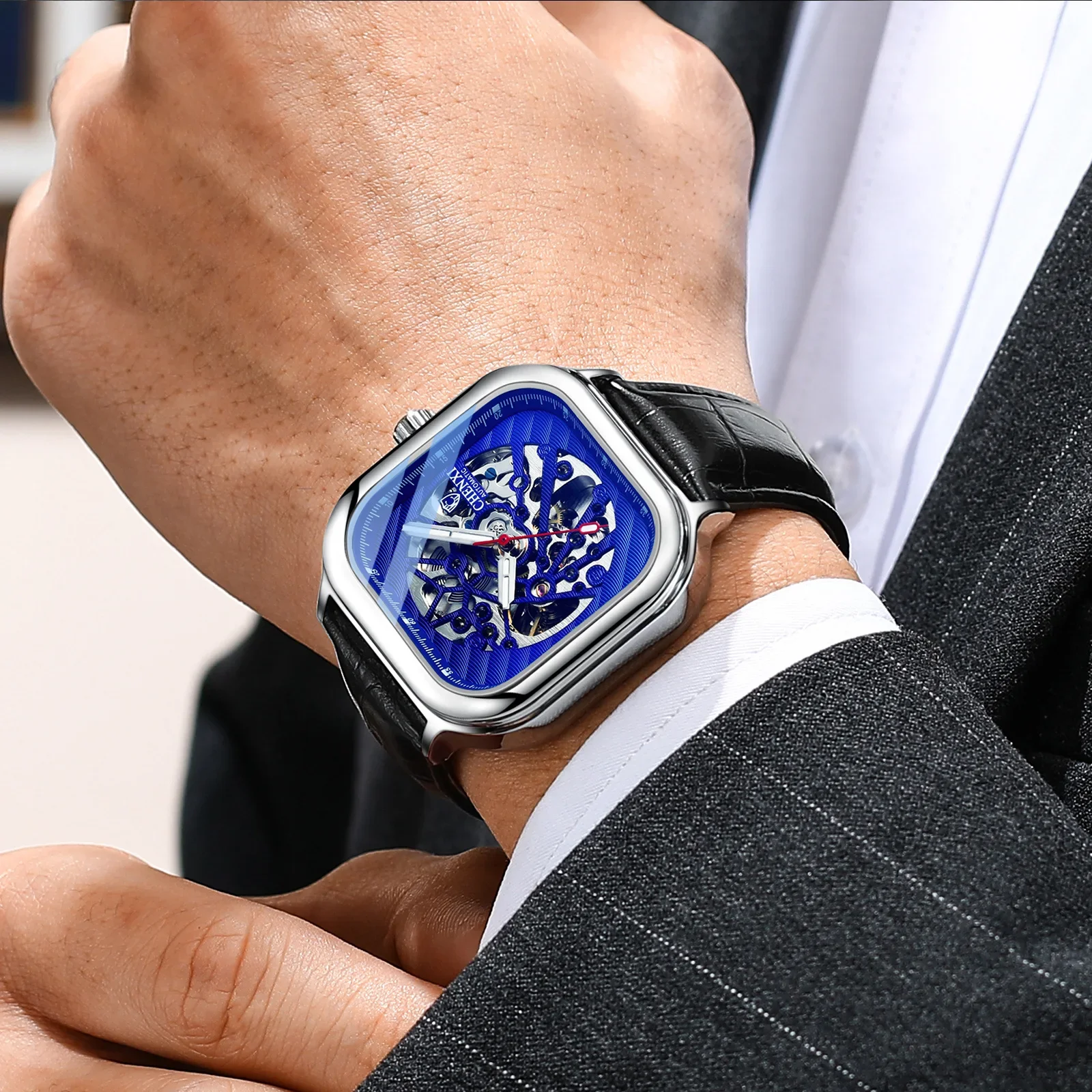 CHENGXI8810 ساعة ميكانيكية أوتوماتيكية مربعة للرجال مع مفرغة ومضيئة مقاومة للماء من الجلد ساعات عصرية للرجال #5