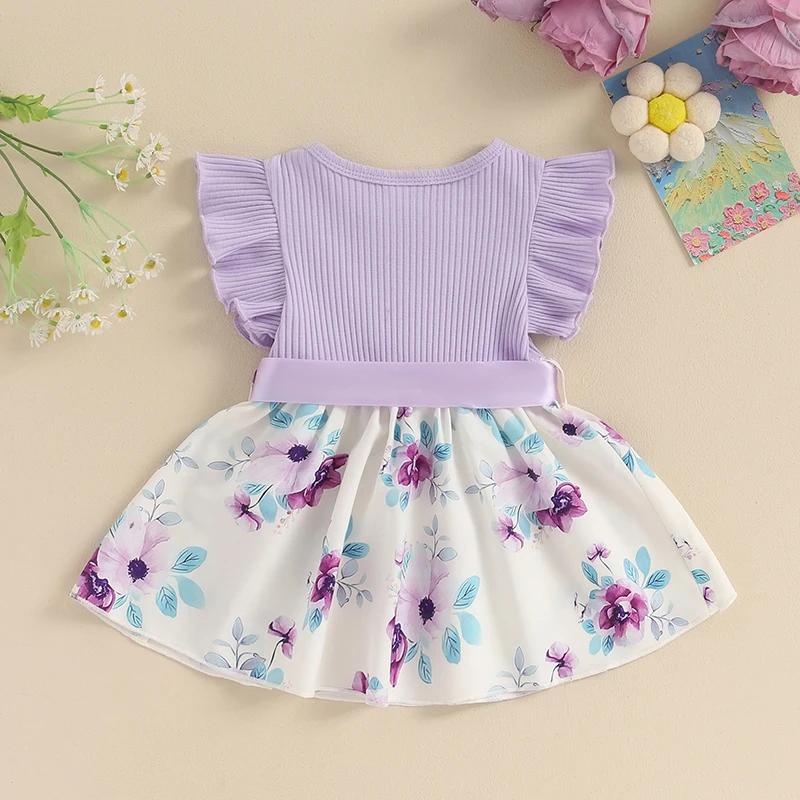 Infant Baby Girl Ribbed Knit Floral Summer Dress Ruffle Sleeve Belt Casual Birthday Wedding Princess Dress