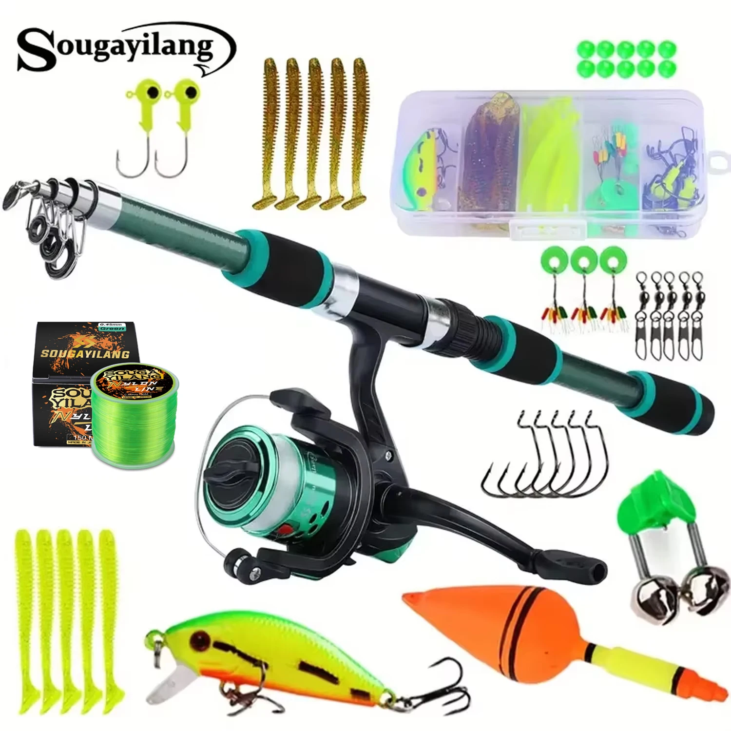 Sougayilang-Juego de caña de pescar giratoria, caña telescópica portátil de 1,8 M con carrete de pesca 5,2: 1 3BB, arrastre máximo de 5kg, Kit de pesca completo