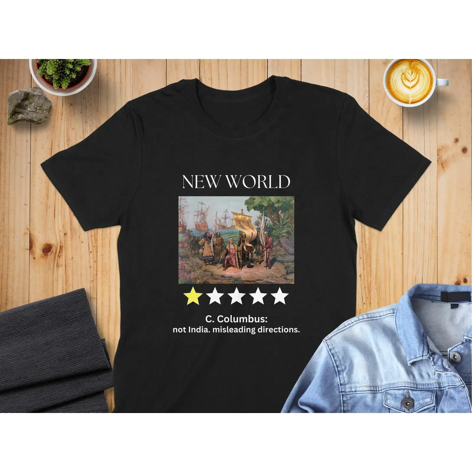 Funny Christopher Columbus One Star Review T Shirt History Humor SweaT Mug vintage Washed homme Versatile Breathable Stylish