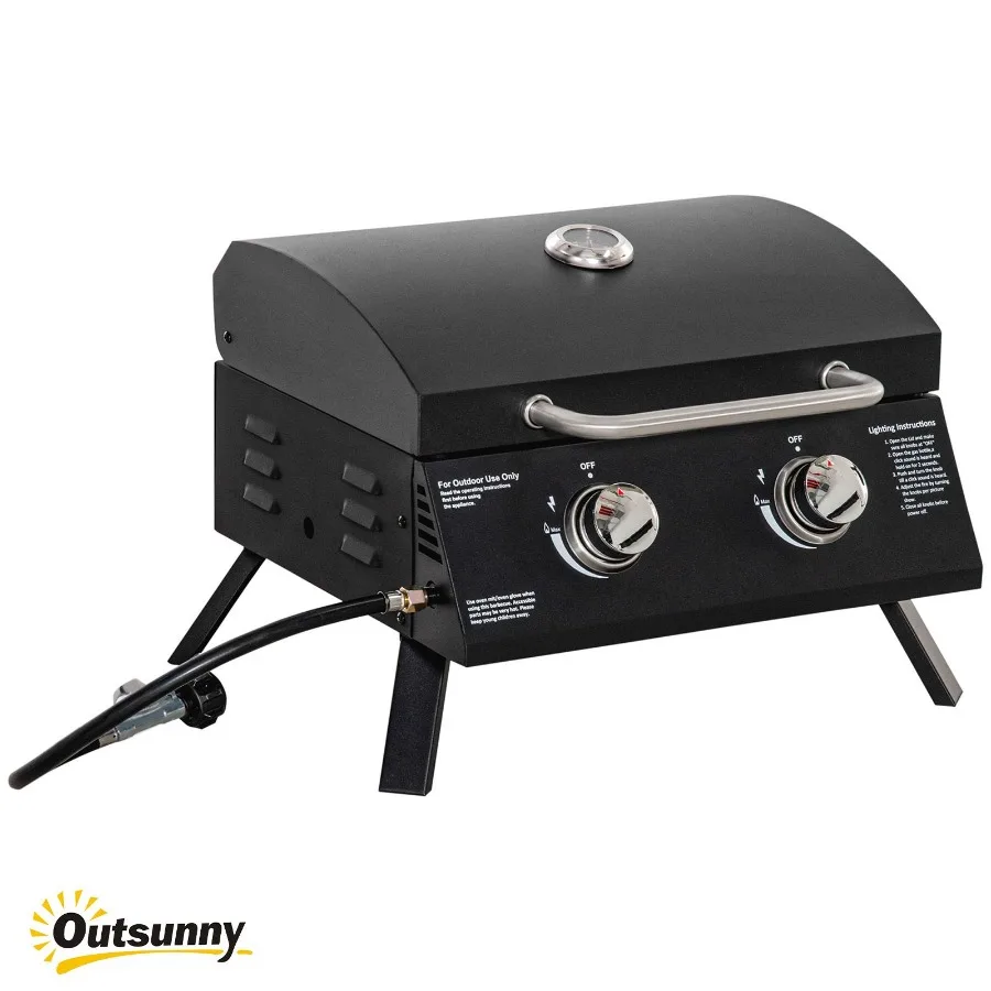 

2 Burner Propane Gas Grill Portable Tabletop BBQ with Foldable Legs Lid Thermometer for Camping Black