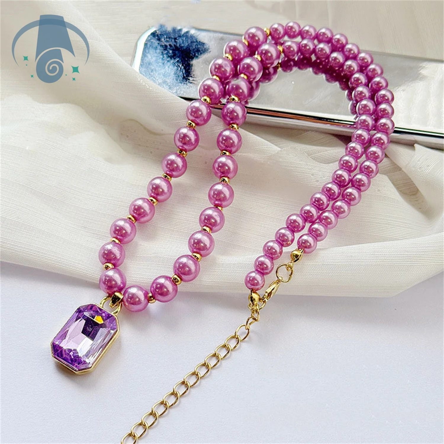 Collarbone Chain Necklace Women Fashion Jewelry Set Square Crystal Purple Pearl Sparkling Gift Matching Sweater Chain for Specia