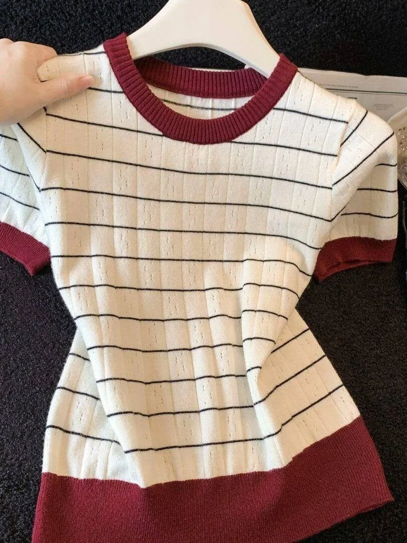 

Летний женский вязаный свитер с круглым вырезом и коротким рукавом, приталенный, в полоску, укороченный, в корейском стиле, для повседневной носки, коллекция Лето 2026