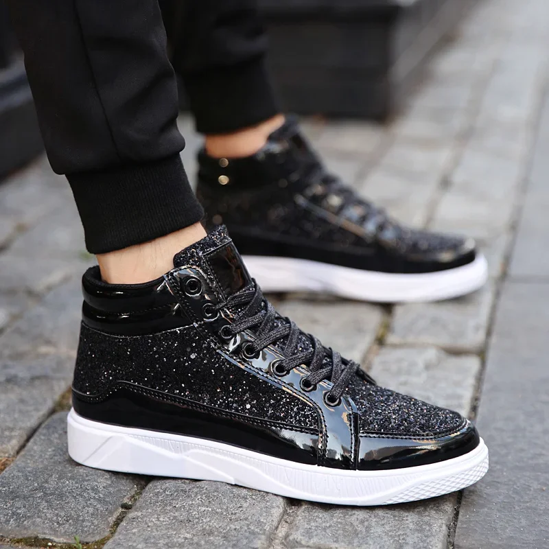 Hot Fashion Golden Shiny Mirrors Mens Shoes Casual Club Bar Glitter Streetwear Hip hop High top Men Sneakers zapatos de hombre