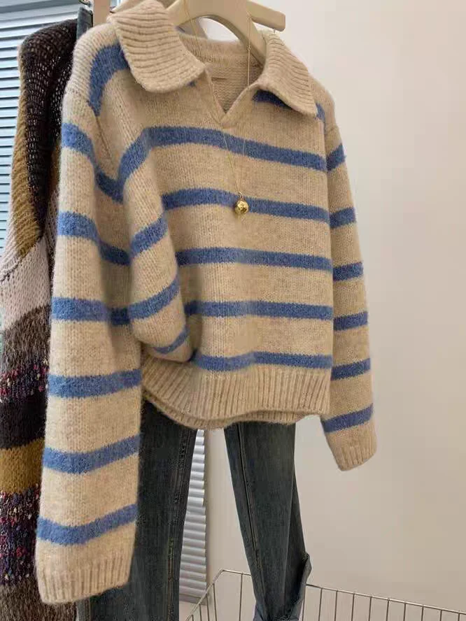 Blue Striped Soft Thickened Neck Sweater Women's Autumn Winter Loose Fit Overhead Knitted Shirt Small Size Turn-down Collar