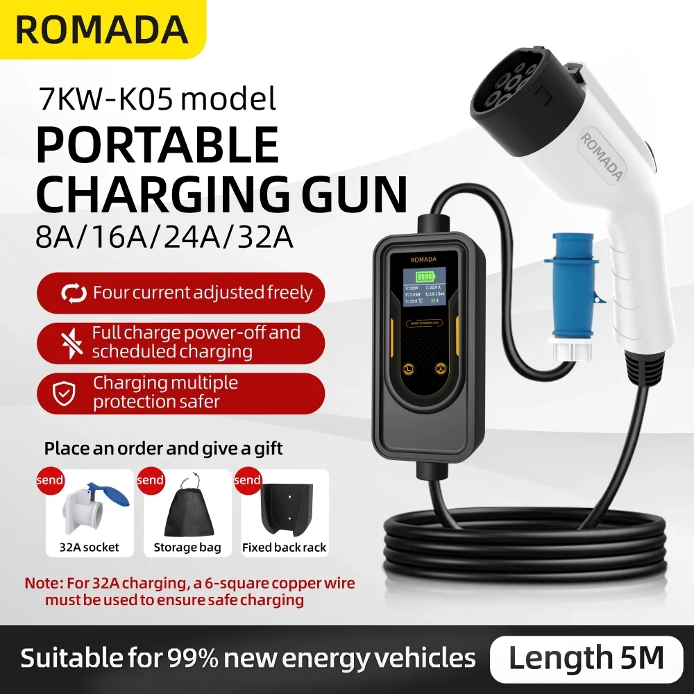 

Portable 32A 7KW EV Charger IEC 62196-2 Type2 / GB/T 20234 EU Plug Connector 5M Wallbox Charging Station For Electric Vehicle