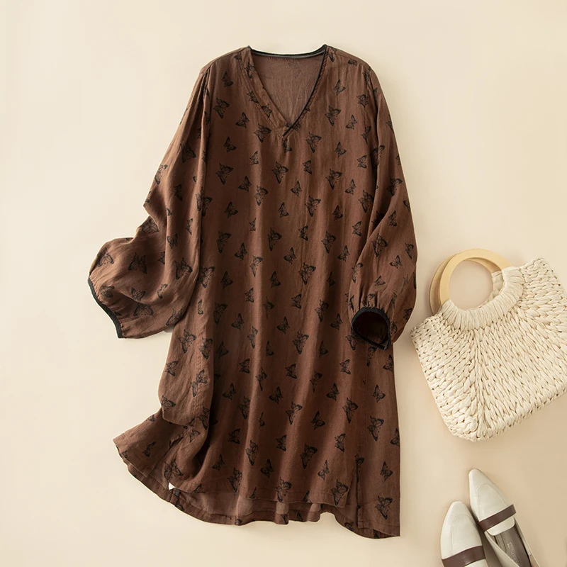 

High-End Anti-Aging Vintage Cotton Print V-Neck Loose Long Sleeve Shirt Fashionable Slimming Casual Style Autumn New Arrival