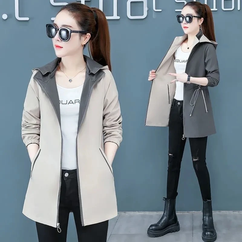 New Fashion Double-Sided Wear Trench Coat Women Mid-Longth Spring Autumn High Quality Hooded Windbreakers Female Tops Outerwear