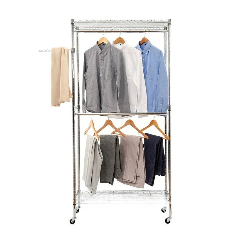 Electroplated chrome wire mesh simple wardrobe with universal wheel laundry hanger laundry industrial style wardrobe rack