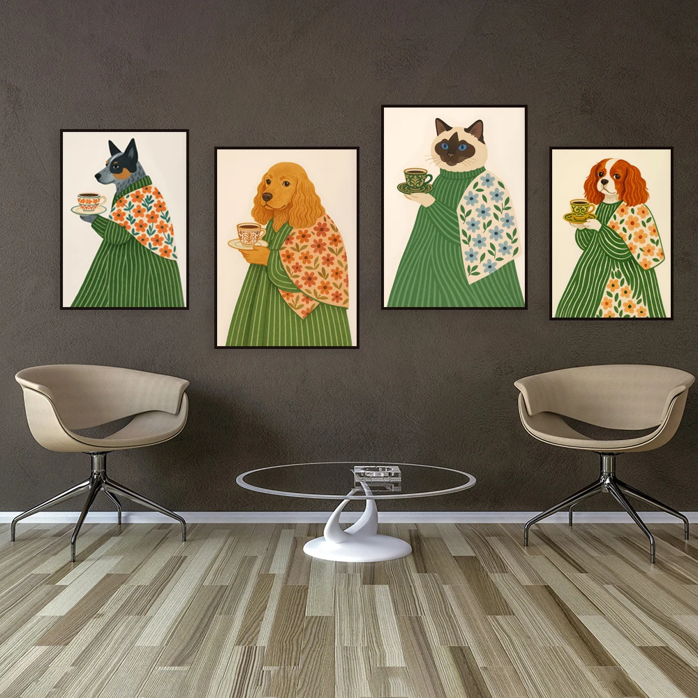 Cocker spaniel, cavalier king charles spaniel, cat, australian cattle dog print, dog and coffee floral art, beige neutral poster