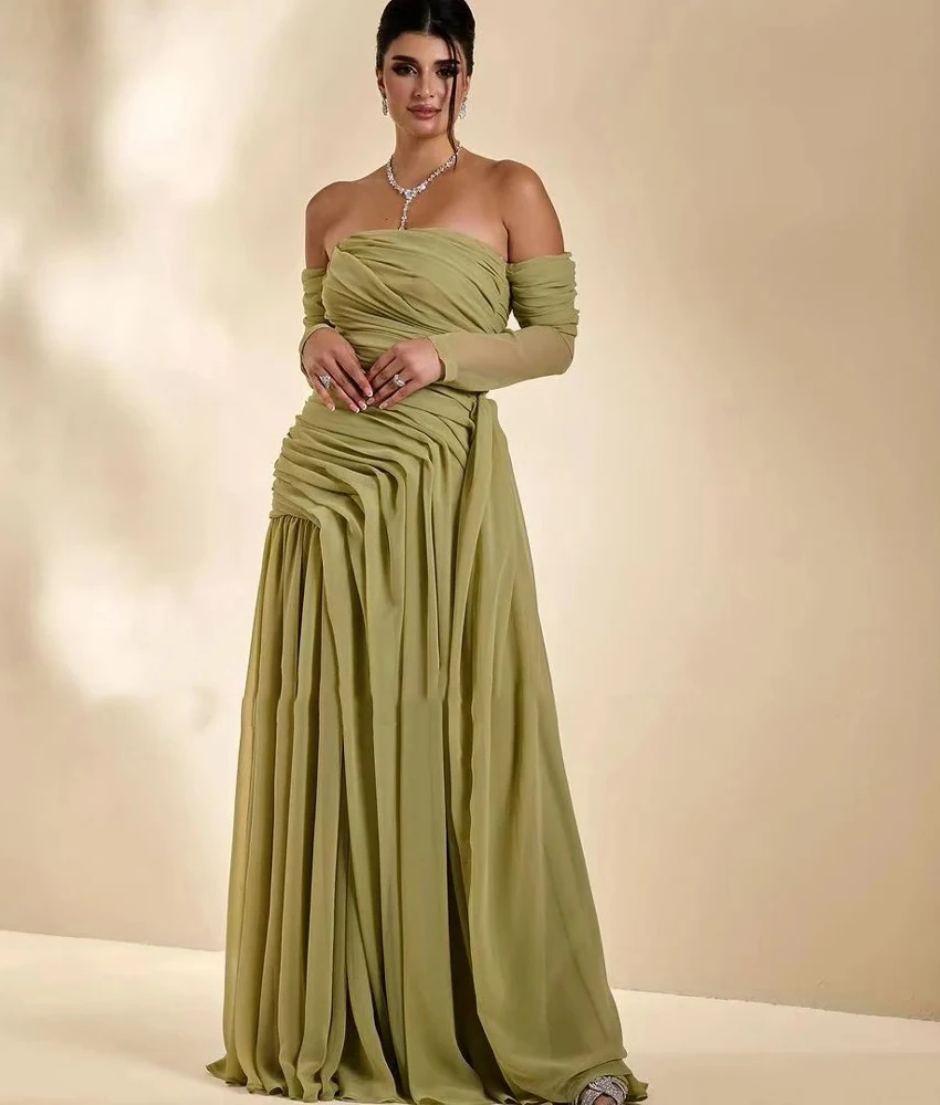 Vestido de noche personalizado de gasa Sexy con hombros descubiertos, vestidos de fiesta hasta el suelo de manga larga sin tirantes de alta calidad