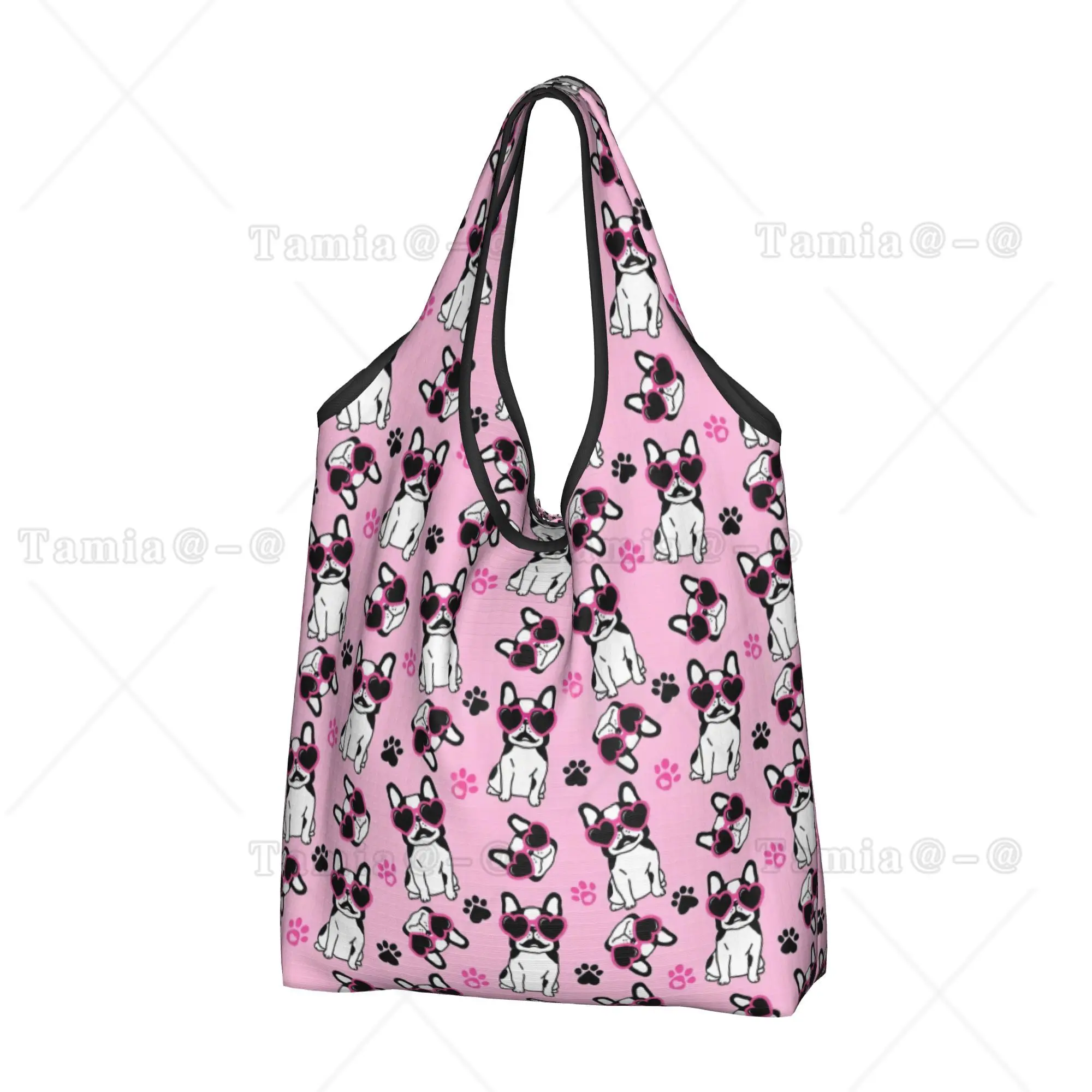 Custom Cute Bulldog Pink Heart Glasses Dog is My Valentine Shopping Bags  Grocery Frenchies Dog Pet Gift  Shopper Tote Bags