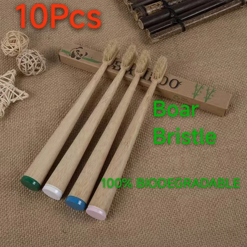 10Pcs Boar Bristle & Bamboo Toothbrush- Premium Boar Bristles - Fully Biodegradable - Plastic & Nylon Free - Quick Dry Design