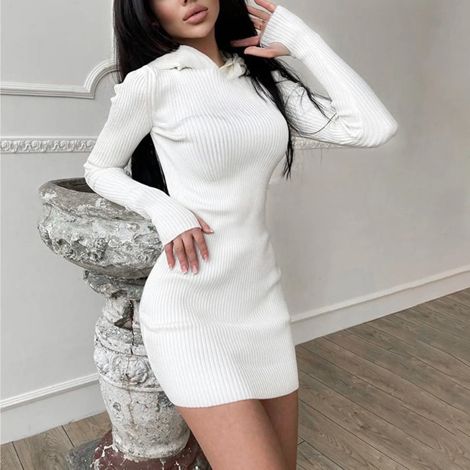 

Women's Sexy Slim Fit Mini Knitted Dress Spring Fashion Versatile Long Sleeve Commuter Dress Casual Solid Color Hoodies Dress