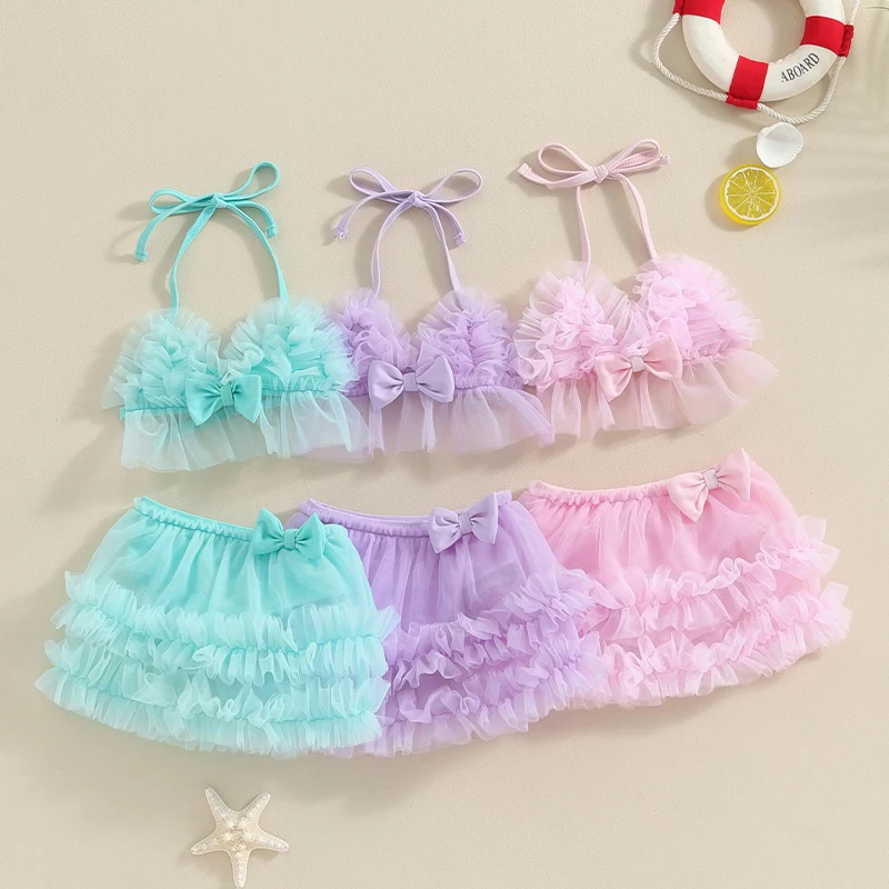 

2 PCS Baby Girls Swimwsuit Bikini Sets Beach Swimwear Swimsuits Tulle Lace Up Backless Camisole Ruffle PP Shorts Bathing Suits