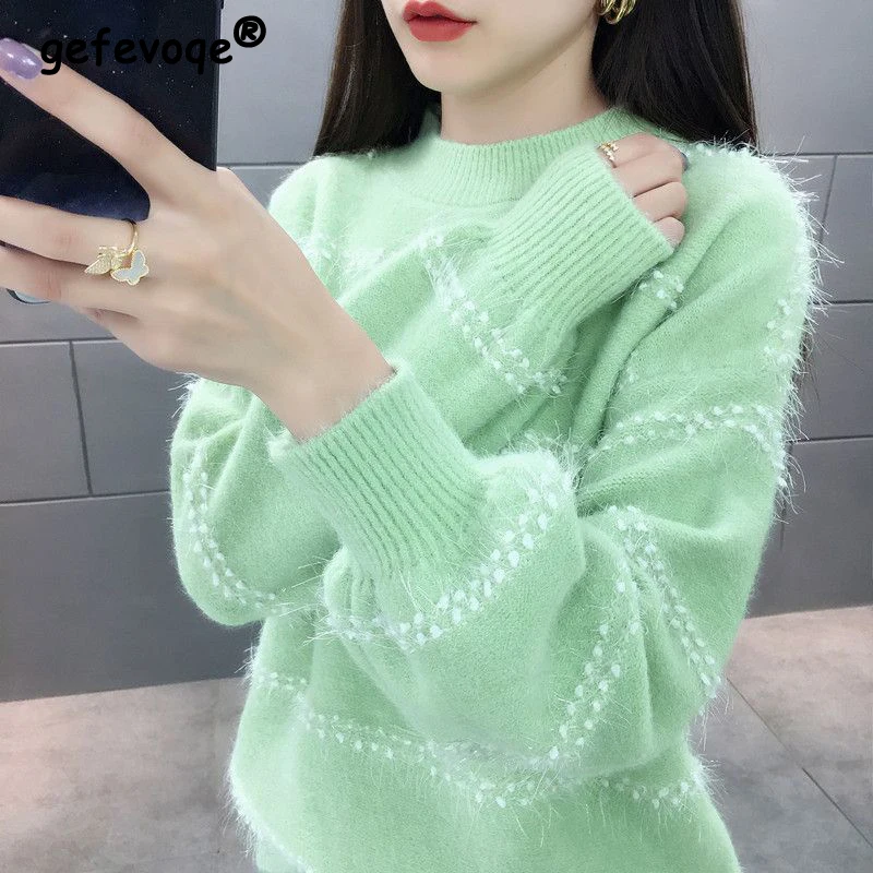 

2023 Autumn Winter Women Trendy Sweet Chic Fluffy Fleece Warm Knitted Sweater Round Neck Long Sleeve Loose Pullover Tops Jumpers