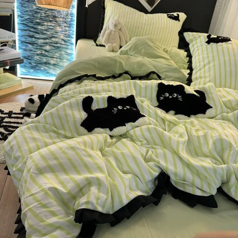 Pink Striped Cat Embroidery Bedding Set Korean Style Washing Cotton Cute Cardboard Duvet Cover Bed Sheet Pillowcases 3/4pcs